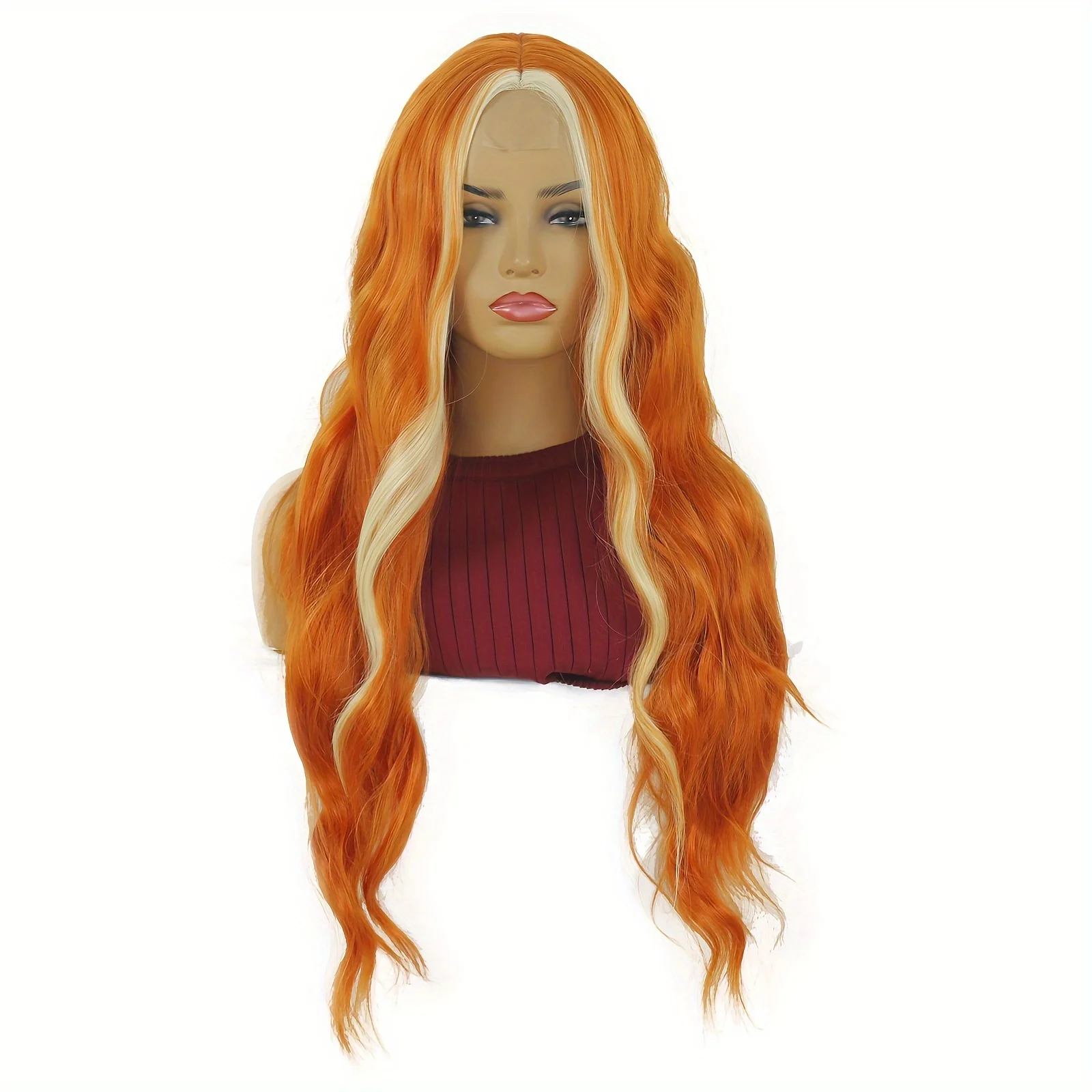Long Water Wave Synthetic 4*1 Lace Wig, Ginger Orange with Golden Highlights and Skunk Stripe, Suitable for Women's Cosplay, Halloween, and Everyday Party Wear