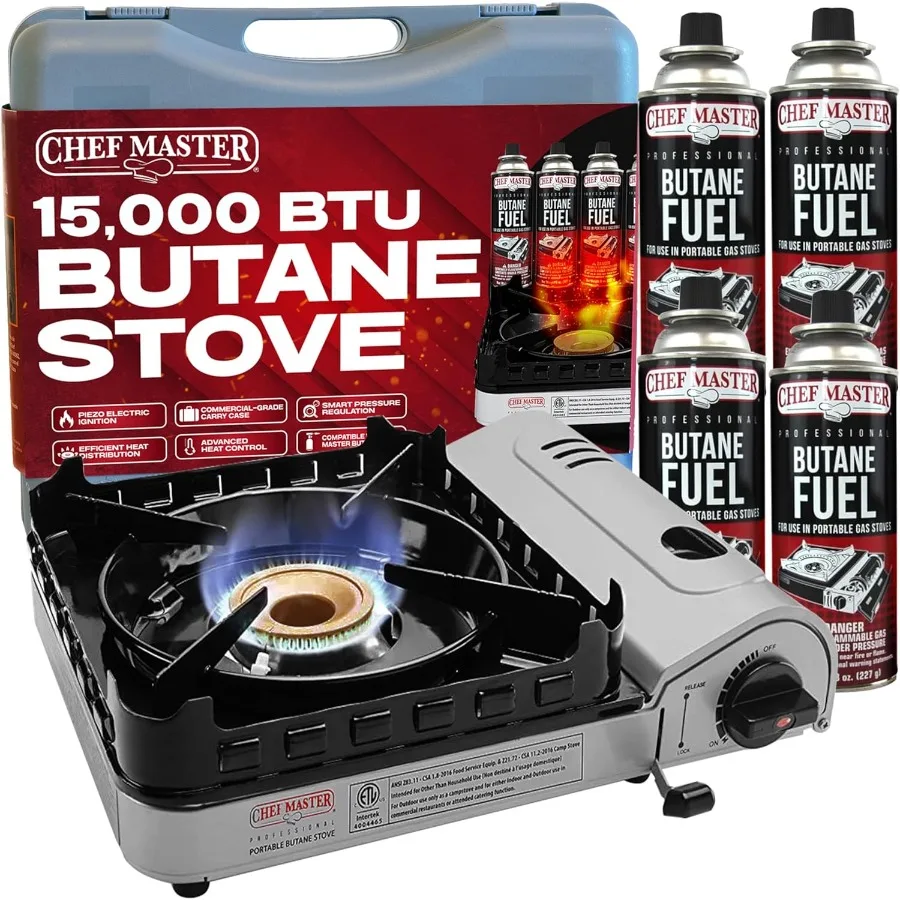 Fornello da campeggio portatile butano da 15000 BTU + 4 contenitori butano da 8 once Bruciatore da stufa portatile con doppia protezione antivento con accensione piezoelettrica per Eme