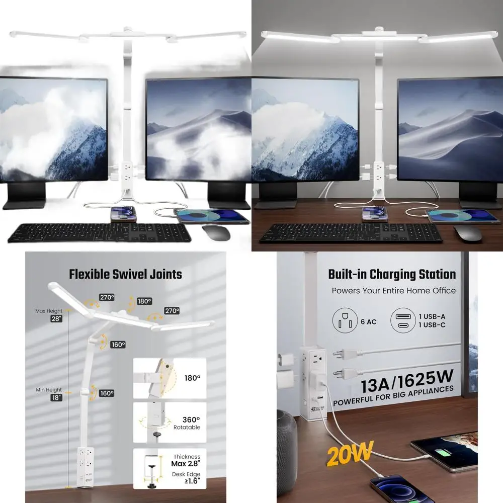LED-klem bureaulamp met 6 stopcontacten, USB en Type-C, instelbare helderheid, 5 kleurmodi voor gebruik in thuiskantoor