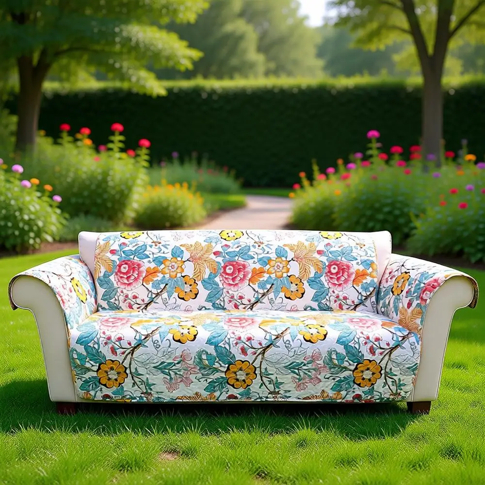 

Furniture Protector, Couch Cover, 116 W x 75 L, Blue & Yellow - Quilted Floral Sofa Cover - Country Cottage Slipcover - Pet Couc