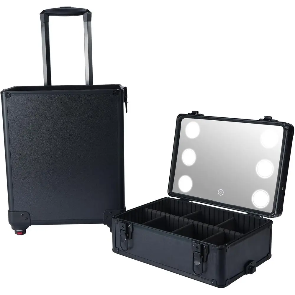 حقيبة تدريب مكياج 4 في 1 مع مرآة LED بثلاثة ألوان، منظم عربة دوارة لمحترفين التجميل، أسود
