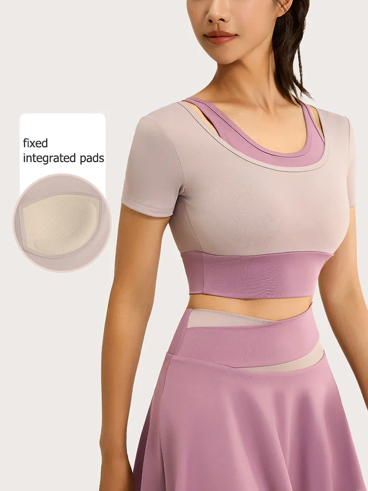 Women Short Sleeve Sports Bra Fixed Integrated Pads Workout Crop Top Yoga Athletic Gym Daily Training