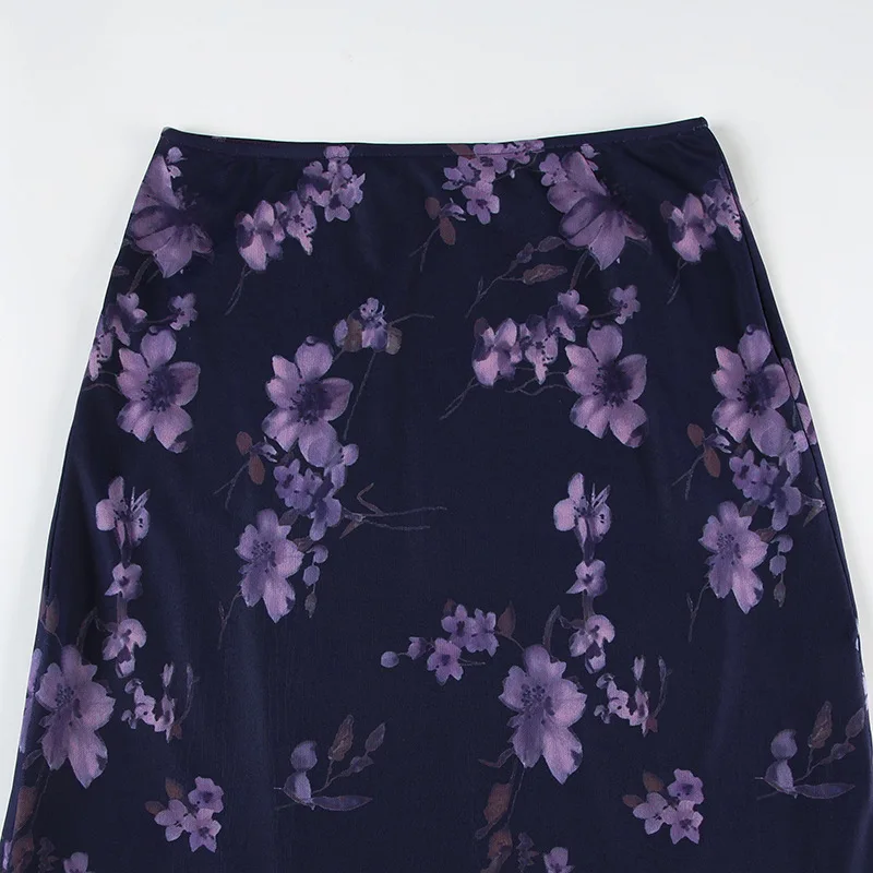 Zeyla Gonna lunga con pannelli in rete con stampa vegetale viola vintage Gonna lunga lusinghiera dimagrante per donna Boho Casual da indossare ogni giorno