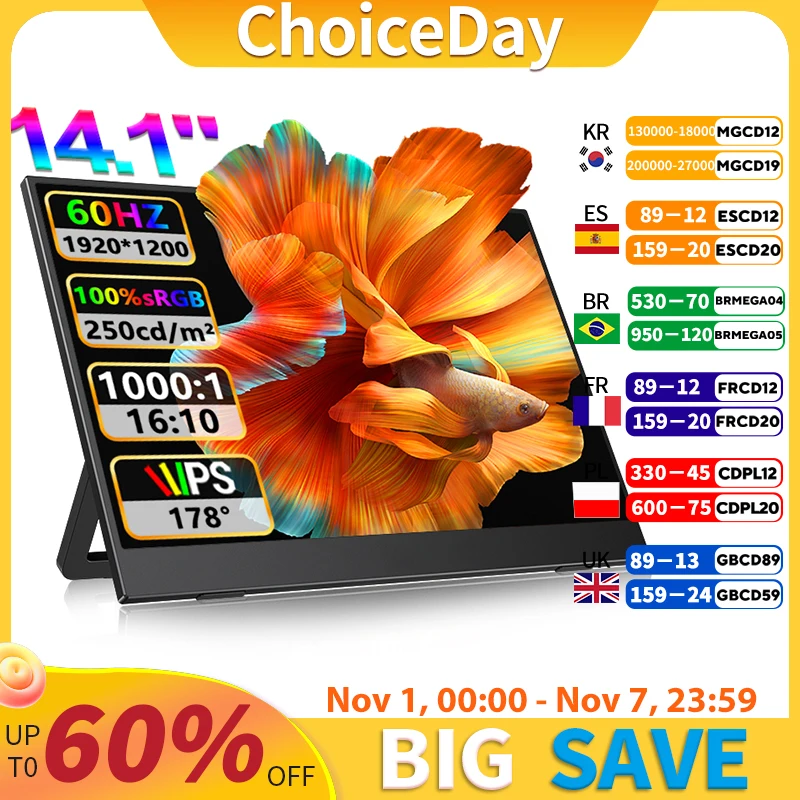 

14,1-дюймовый портативный монитор Full HD, 100% SRGB, 16:10, подходит для расширения ноутбука, решение с двойным экраном для повышенной производительности