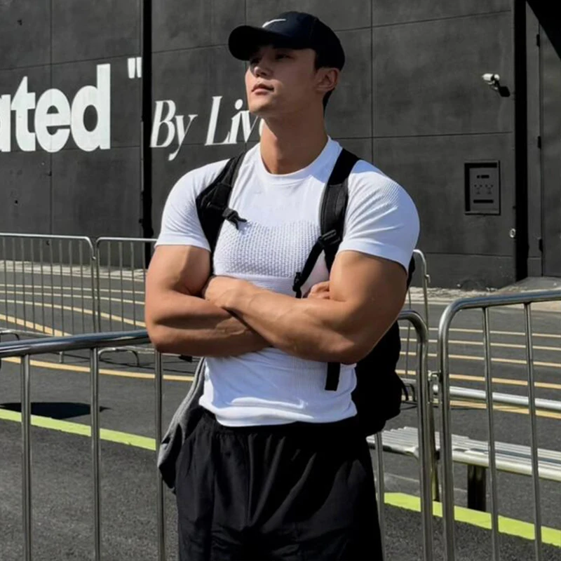 

White Qui-Dry Fitn ort Sve Men's T-irt Crion Elastic Training Wear Breathable Ice-Cooling Cotton Slim Fit