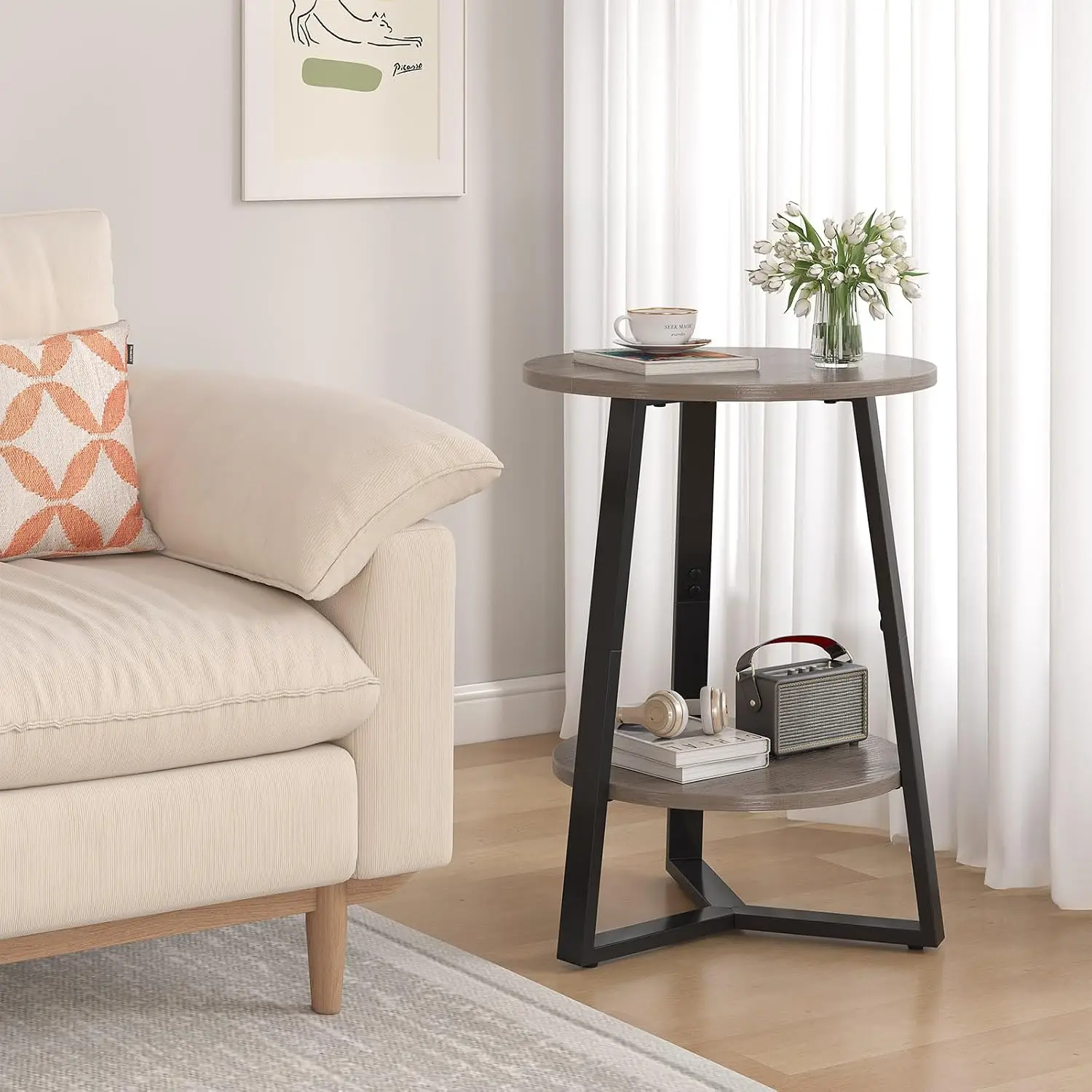 Small Round End Table Set 2 Tier Storage Shelf Wooden Top Metal Frame Accent Nightstand Living Room Bedroom Grey, Customized