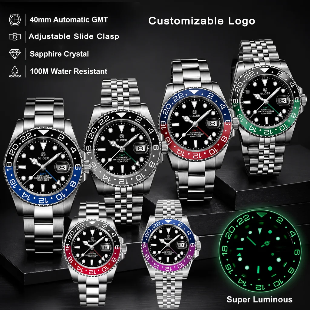 BLIGER Custom Logo 40mm Automatic GMT Men Watch Sapphire Crystal 100M Waterproof Luminous Bezel Stainless Steel Dual Time Reloj