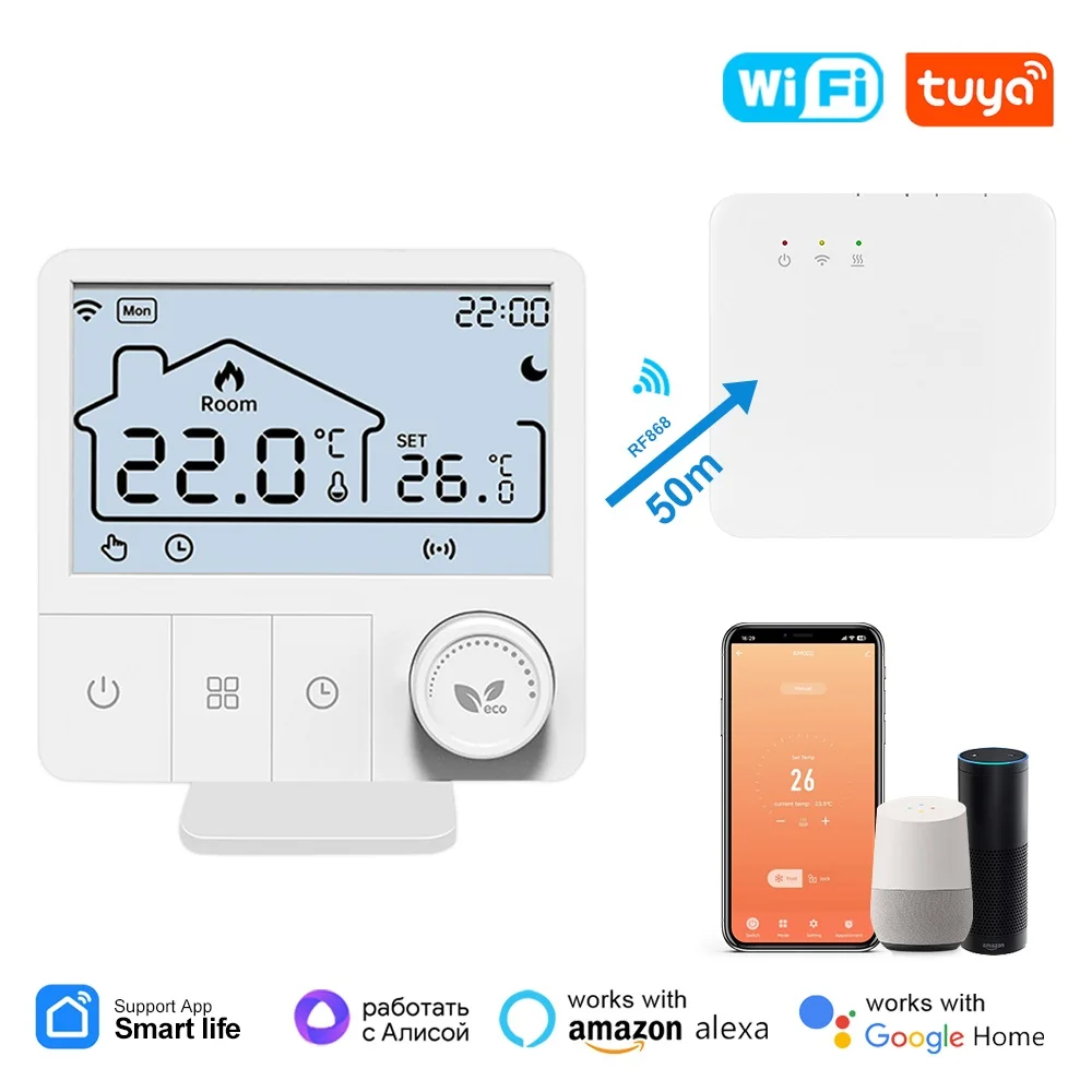 

Tuya WiFi Wireless Thermostat 3 in 1 Gas Boiler Electric Heating RF868 Temperature Controller and Receiver USB Battery Powered