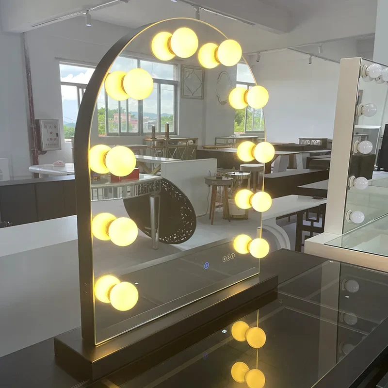 Large arched makeup mirror led with light bulb Internet celebrity mirror dressing mirror desktop desktop bedroom smart beauty mi
