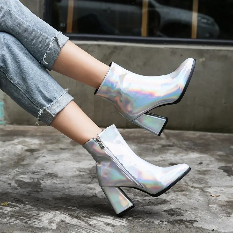 Silver Winter Women Ankle Boots Gold Mirror Patent Leather High Block Heel Party Office Lady Sexy Pointed Toe Zipper Short Plush