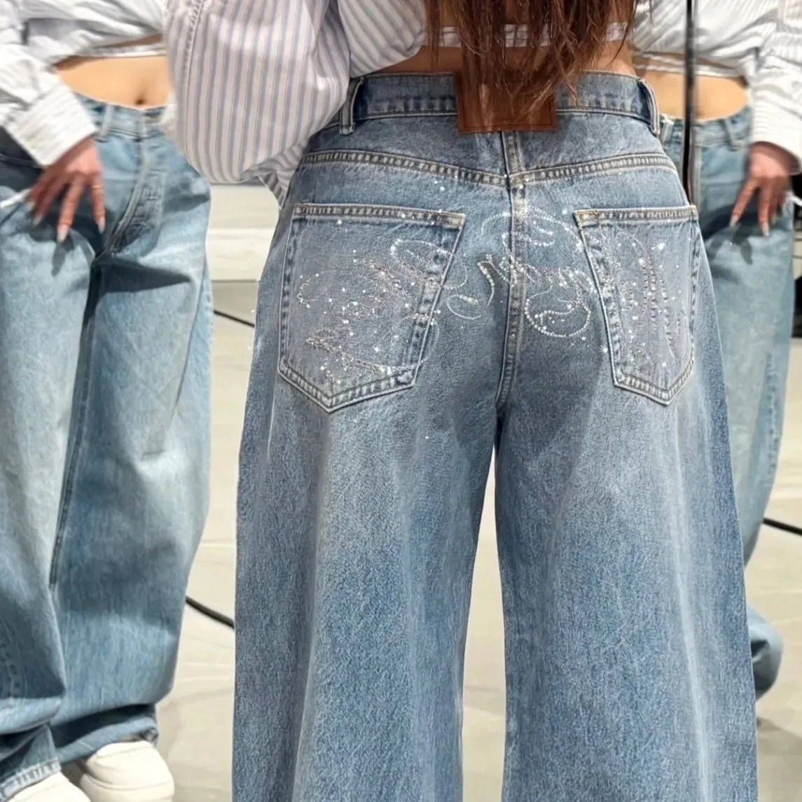 Y2k Jeans Dames Vintage Distressed High Street Heavy Duty Letter Wijde Pijpen Flare Broek Baggy Jeans Mode Casual