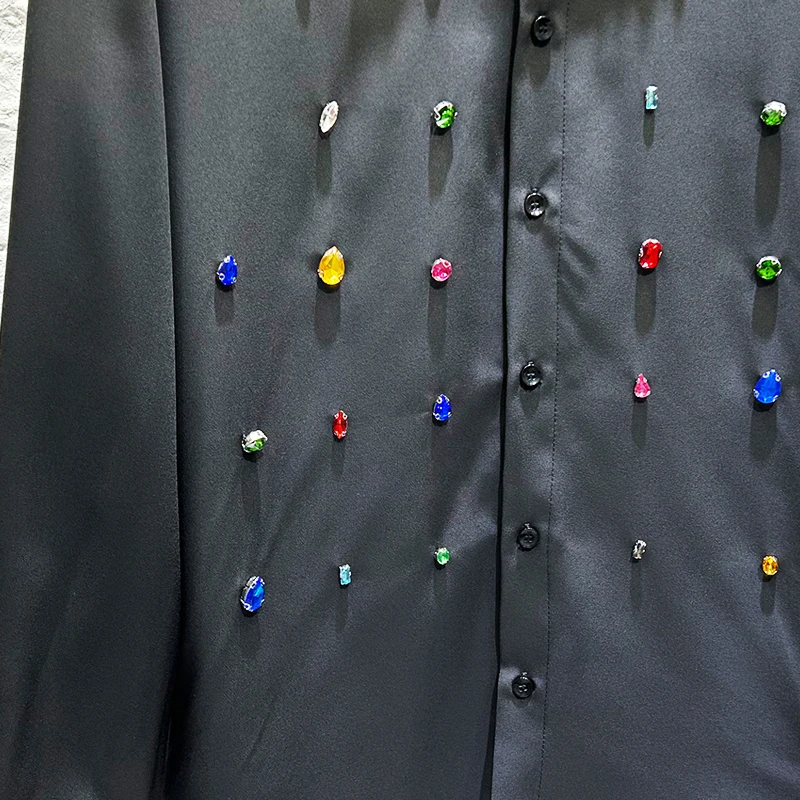 PFHQ تصميم جديد الرجال قميص ملون الماس الديكور شخصية الموضة طويلة الأكمام بدوره إلى أسفل طوق الاتجاه الذكور القمصان 21E7903 #6