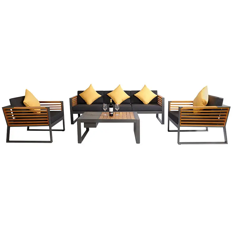 

Modern Luxury Patio Outside Teak Wood Armrest Outdoor Garden Sofa Set Outdoor Metal Table Aluminum Table with Wood Top