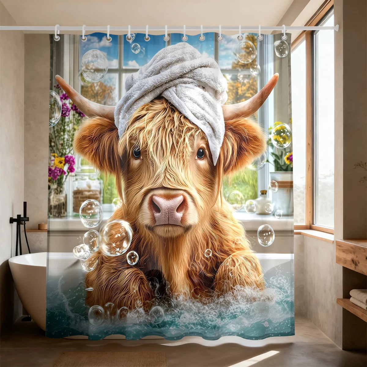 Funny Bathing Highland Cow Shower Curtain Polyester Digital Printing Adorable Fluffy Brown Scottish Highland Cow Taking