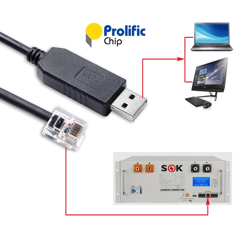 Cabo de Comunicação Sk-Serial, Bateria SK48v100, RS232, Prolific, USB, RS232 para RJ11, 6P6C