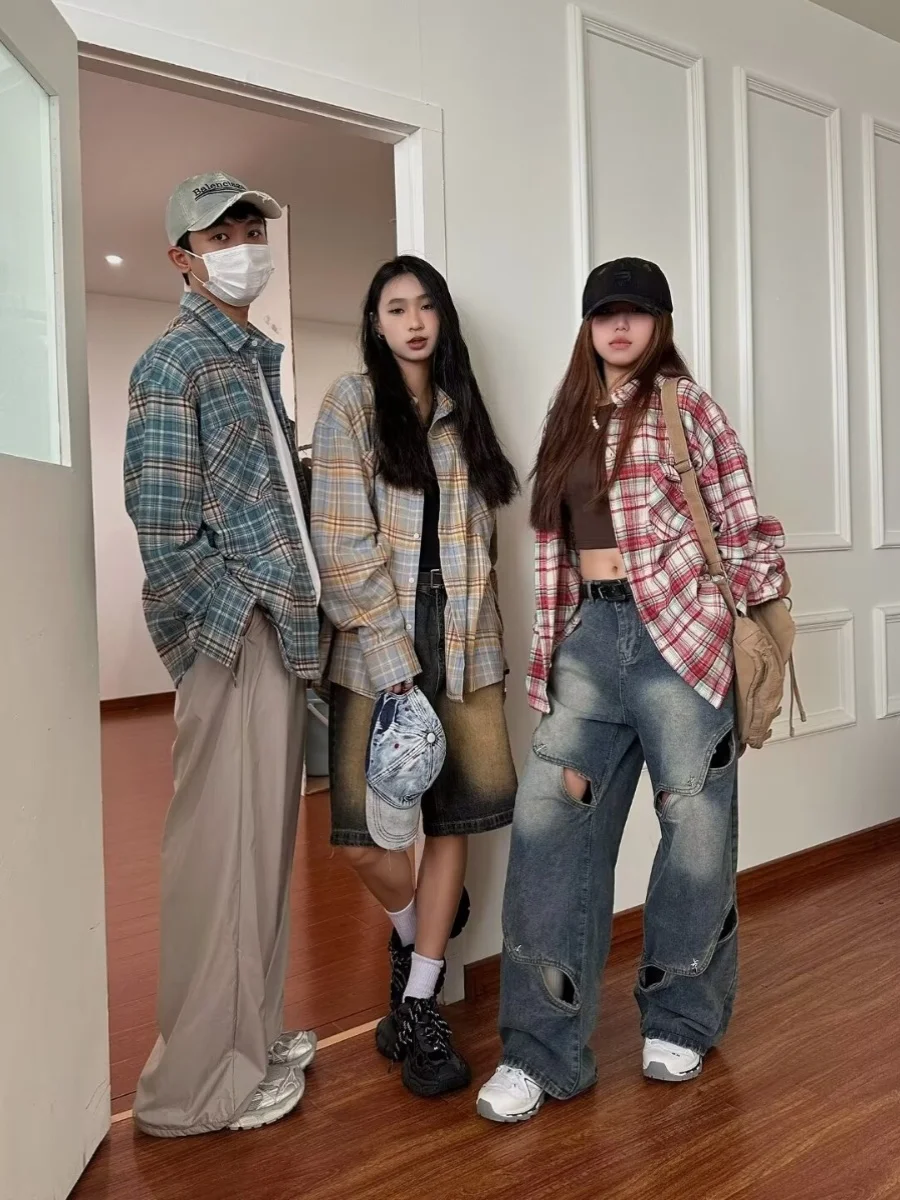 

American Retro Brued Plaid Long Sve irt ex Spring Autumn Turn Collar Loose Casual Couple Outerwear Breathable Mois...