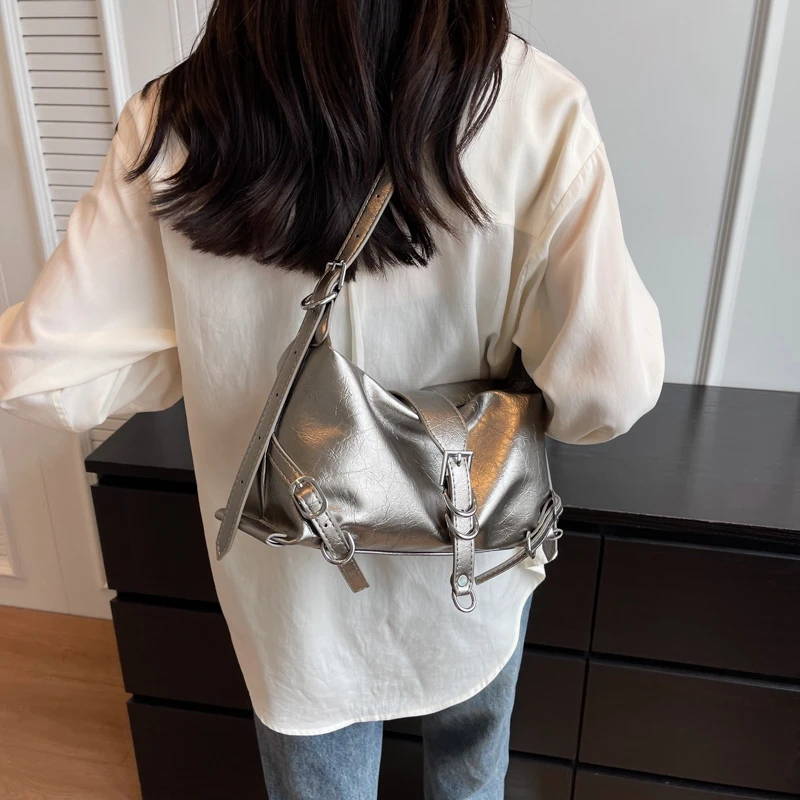 LEFTSIDE Silver Leather Crossbody Bags For Women Luxury 2023 Y2k Korean Fashion Underarm Shoulder Bag Female Armpit Bag Handbags