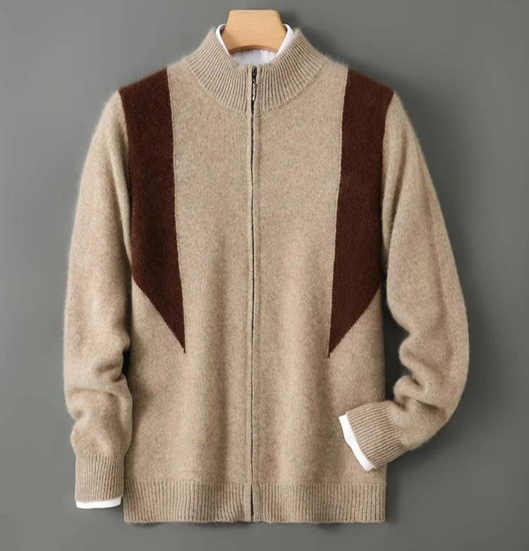 

100% pure wool cardigan men's thickened color matching zipper jacket loose casual cashmere sweater top