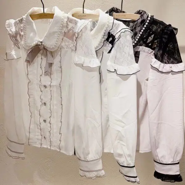 

Lolita Shirts Japanese Style Women's Blouse Sweet Mass Production Off-shoulder Top Lace Sweet Slimming Long Sleeves Shirt