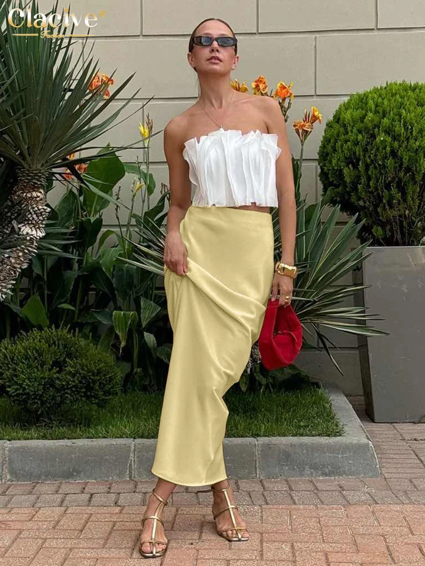 Clacive elegante amarelo cetim saia feminina 2025 casual solto cintura alta maxi saias moda simples saia roupas femininas