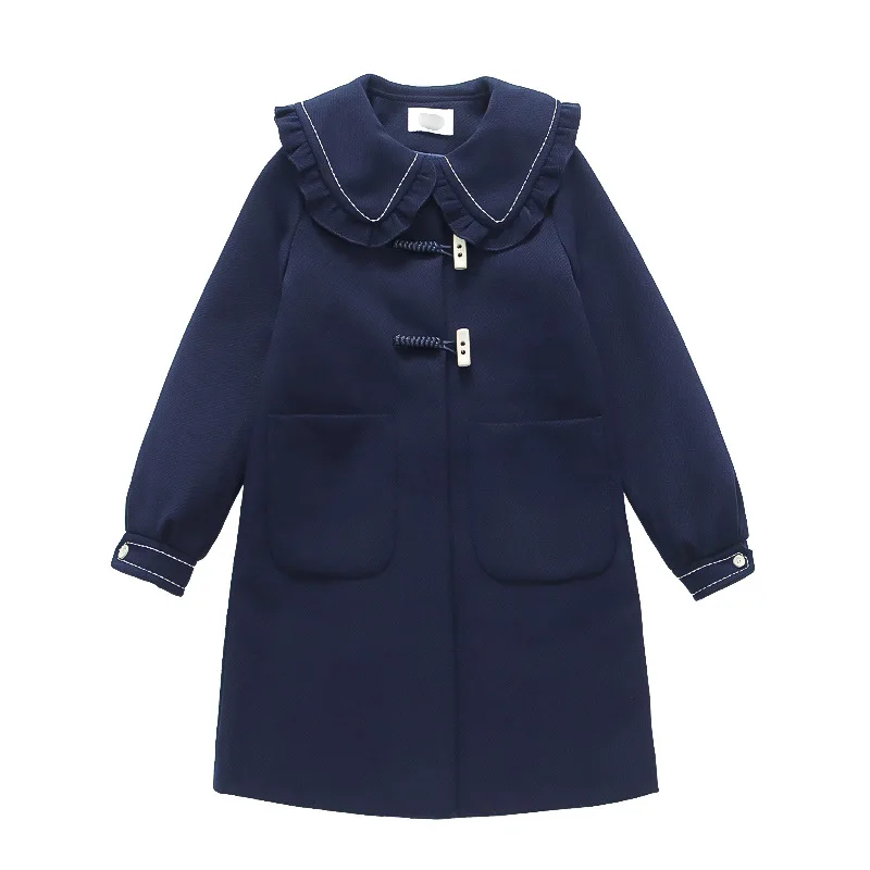 Girls Woolen Coat Jacket Windbreak 2023 Navy Blue Warm Thicken Winter Cotton Overcoat Plus Size Children\'s Clothing