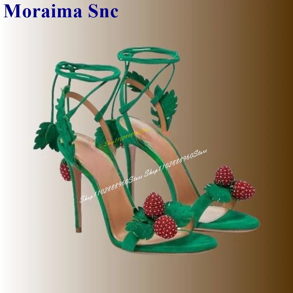 Lace Up Green Flock Strawberry Decor Sandals Cut Heel Thin High Heel Women Shoes Open Toe 2024 Fashionable Zapatos Para Mujere