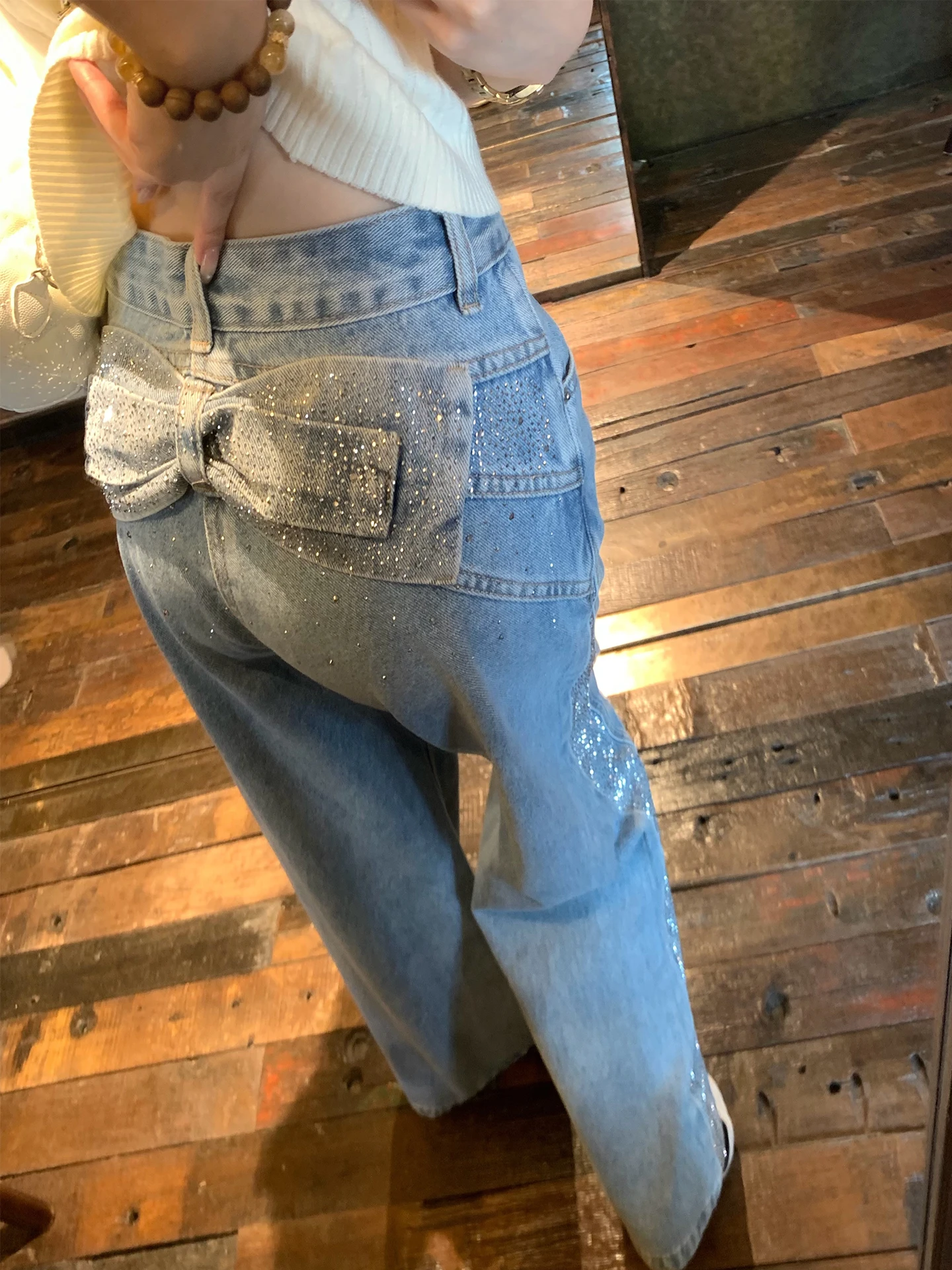 

Женские джинсы Xuekeke с узлом сзади и стразами, весенне-летние, свободные, широкие брюки с высокой талией, натуральная талия