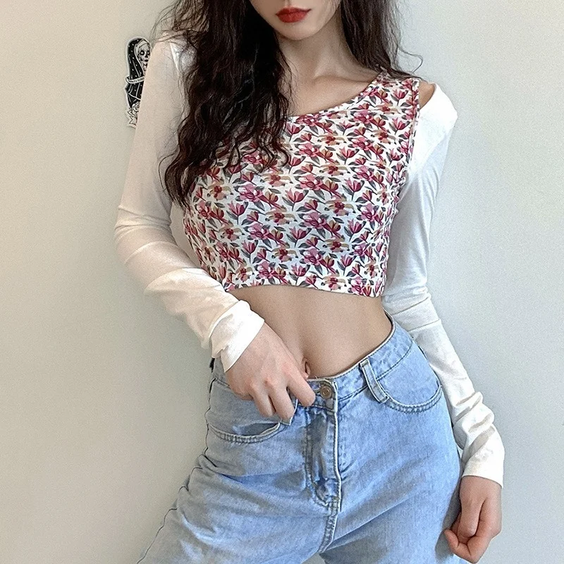 

Fall New Mujer Casual Hollow Out Skinny Tshirt Women Fashion Cottagecore Floral Print Patchwork Long Sleeve Chic Crop Tops