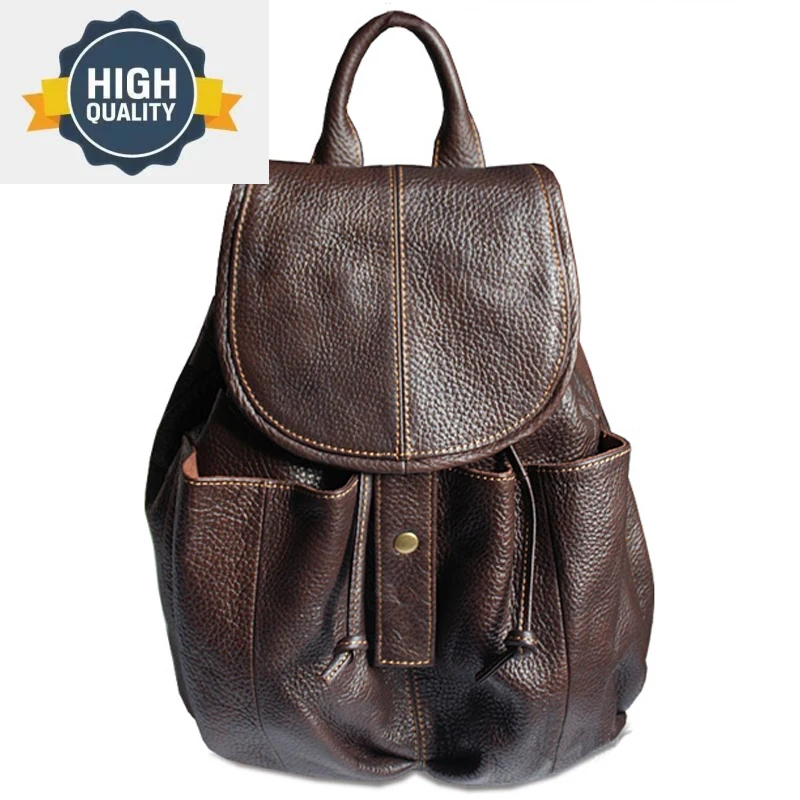 

women leather Fashion backpack for teenage girls Genuine school bag female drawstring pack Brown