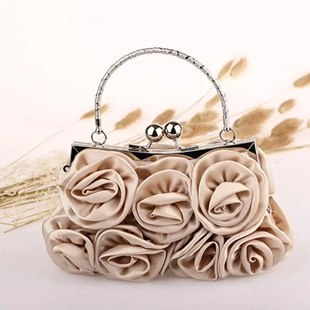 Women Girls Silk Rose Flower Handbag Wedding Bridal Clutch Bag Metal Chain Shoulder Bag Lady Crossbody Bags Purse Chic Tote Bag