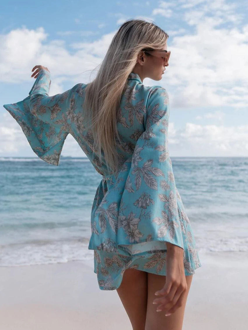 Marthaqiqi Casual Women Sleepwear V-Neck Nightgowns Long Sleeve Robe Lace Up Nightwear Mini Dress Printing Loose Ladies Pajamas