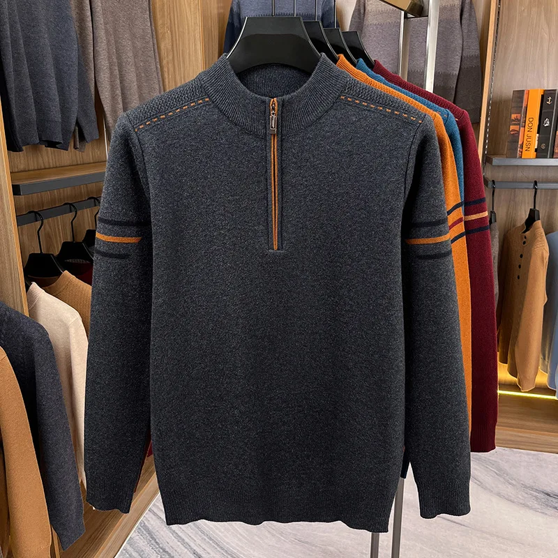 

2025 зимний новый утолщенный мужской вязаный свитер с длинным рукавом и половиной молнии, модный повседневный теплый мужской свитер среднего возраста