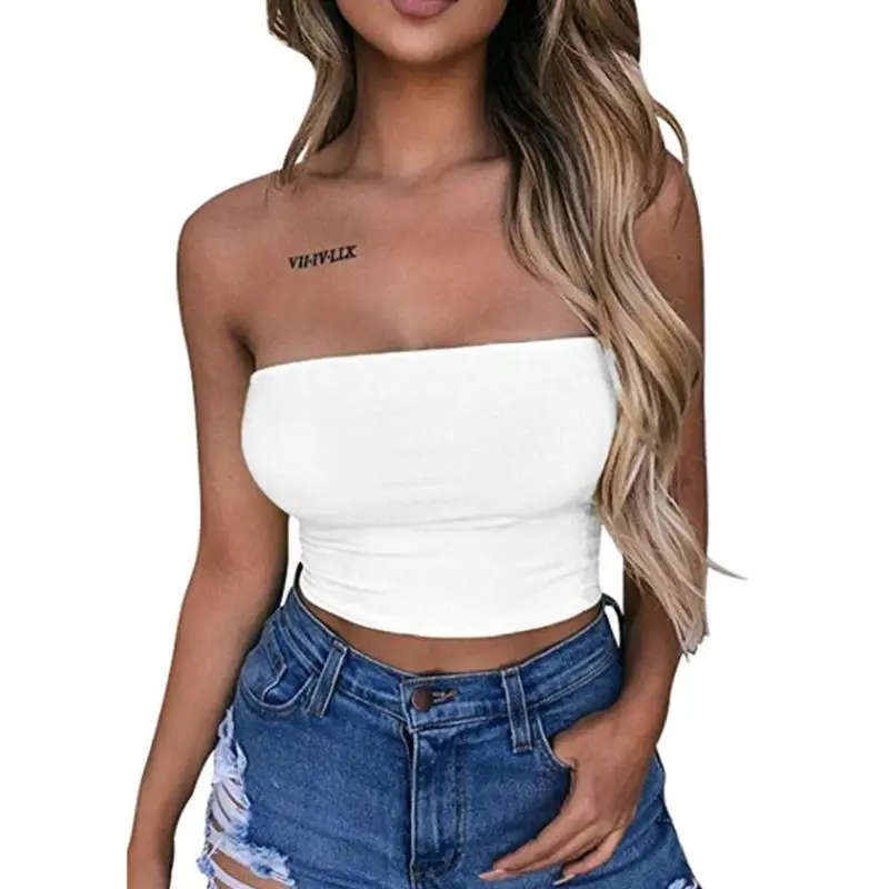 Womens Sexy Strapless Off Shoulder Crop Tube Top Solid Color Stretchy Bandeau