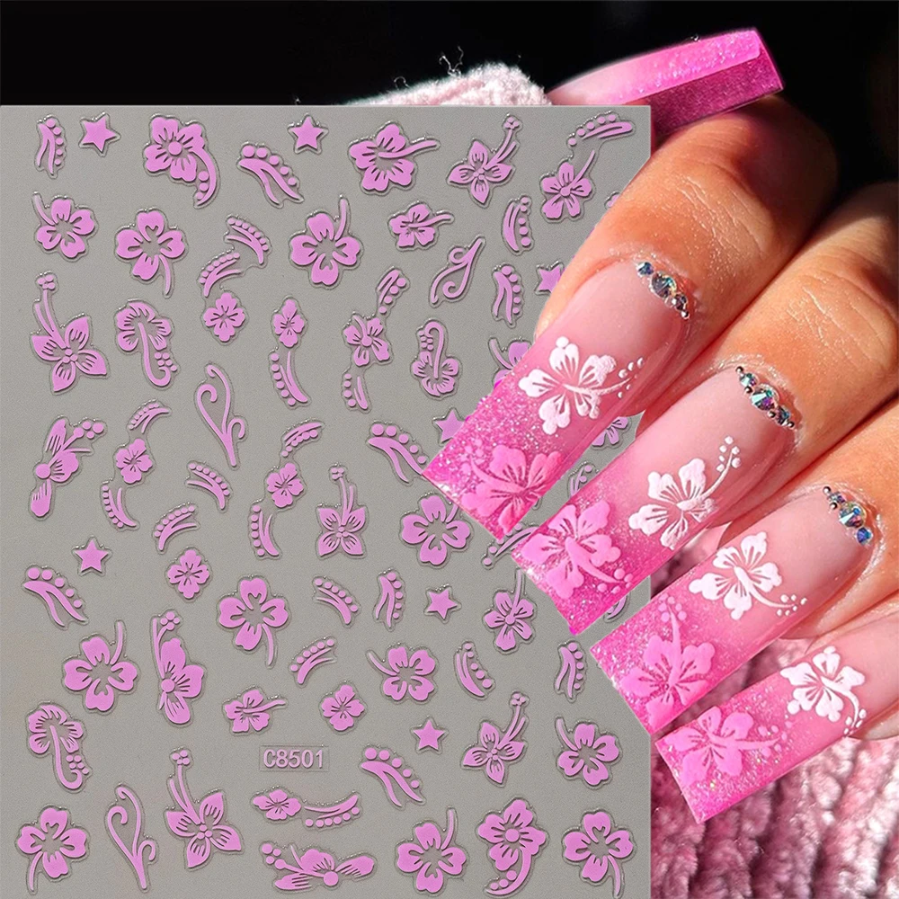 1Pc Star Hibiscus Flowers Nail Sticker Y2K Pink/White Floral Decal Cherry Blossom Peony Five Petals Self-Adhesive Manicure Decor