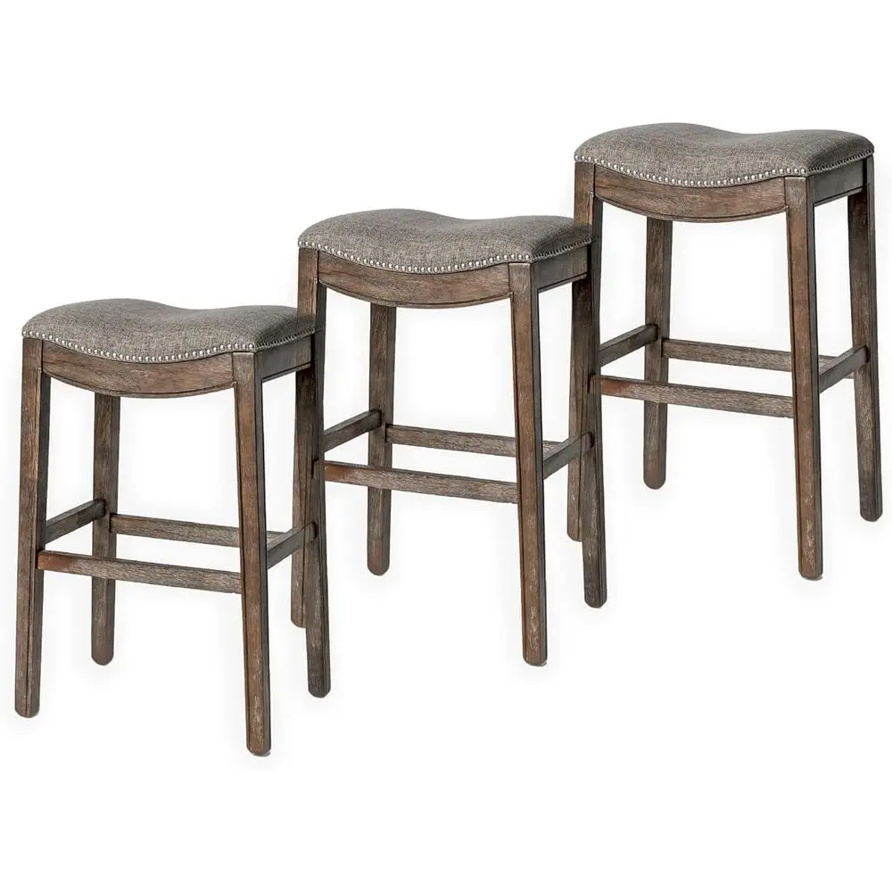 

Set of 3, 31 High Wooden Bar Stools with Footrest, Brown and Grey Fabric Upholstery, Perfect for Bars and Kitchen Islands