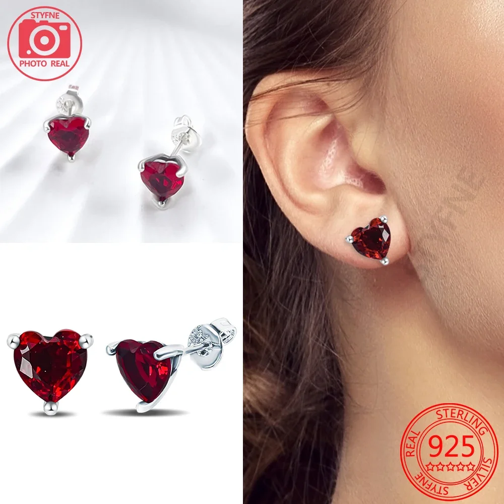 Romantic 925 Sterling Silver Sparkling Heart Red Stone Love Earring Ring Necklace  A Precious Gift for Confessing to Girls