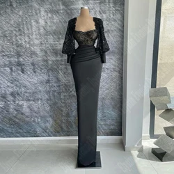 2025 encantador laço preto manga longa vestidos de noite femininos gracioso cetim formal festa de formatura vestidos personalizados noche