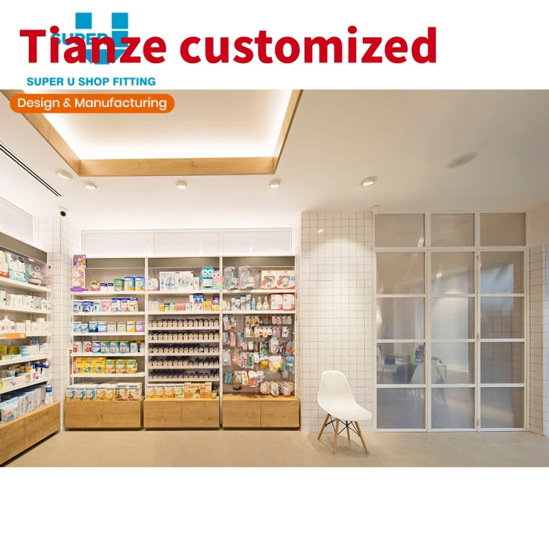 (customized)High-grade Wooden Pharmacy Display Cabinet Small Retail Pharmacy Design Floor Plans