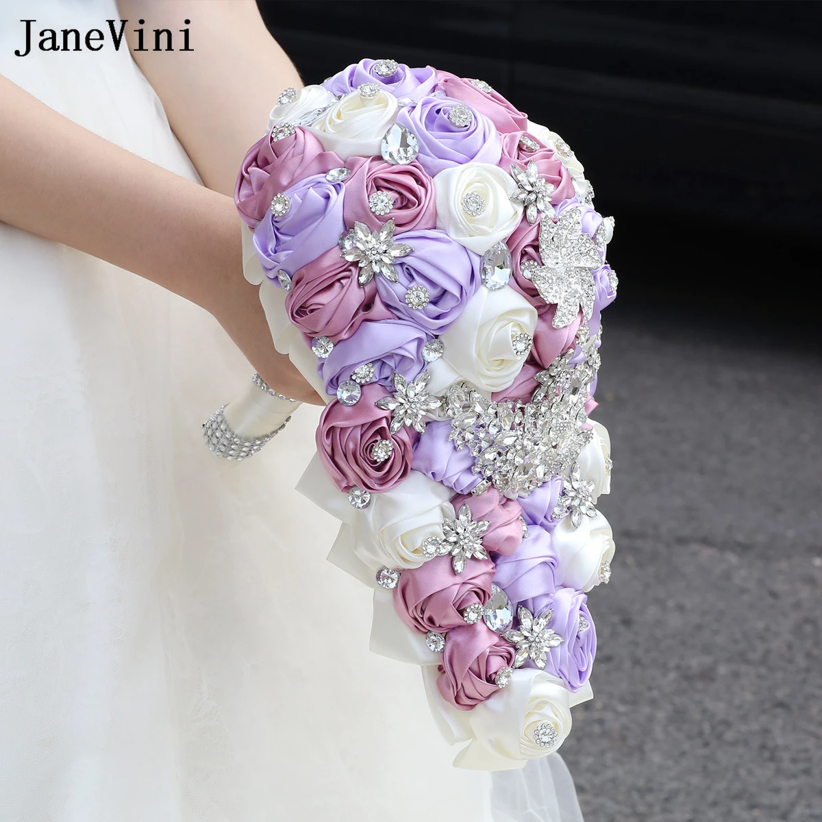 JaneVini-Bouquet de Fleurs en Satin Ivoire, Violet Clair, Cascade, Luxe, Argent, CitroÉl, Patients, Mariage