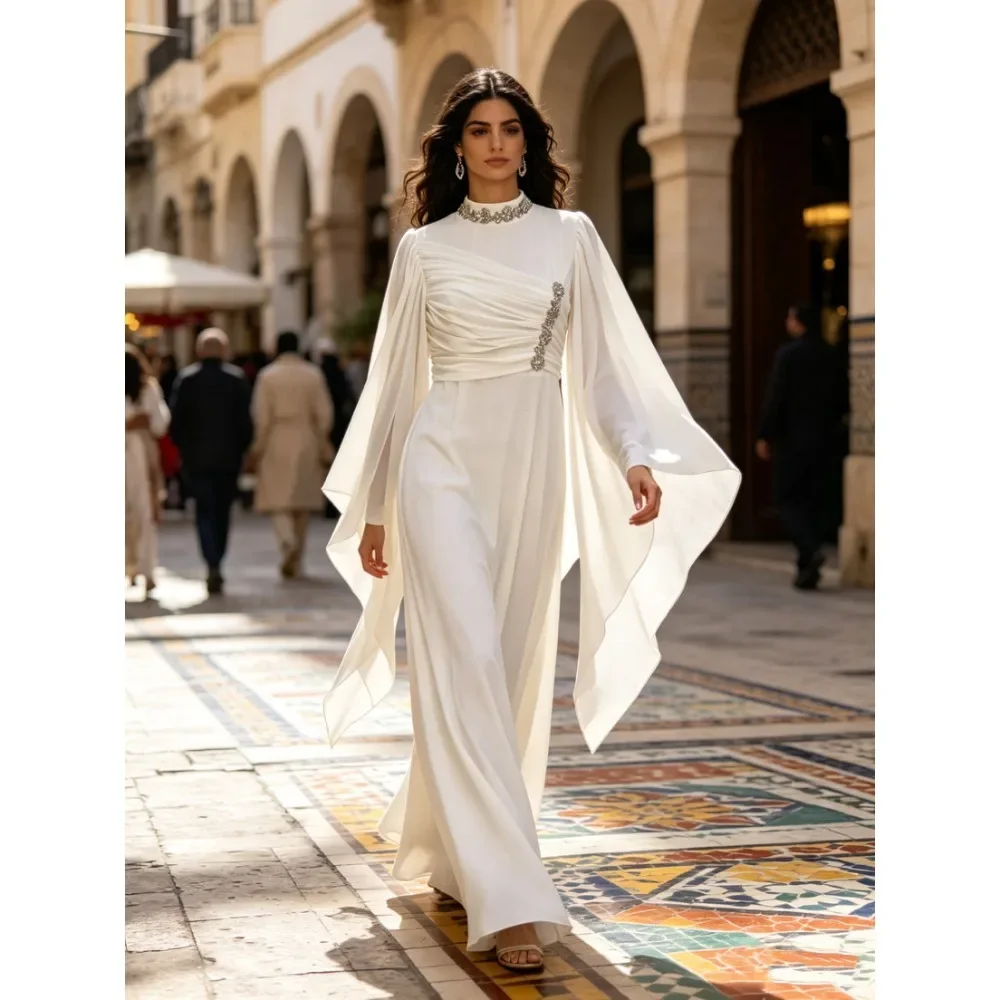 Women Elegant Rhinestone Chiffon Dress Formal Evening Gown Long Sleeve V Neck Flowy Soft Breathable Flattering Comfy Party New