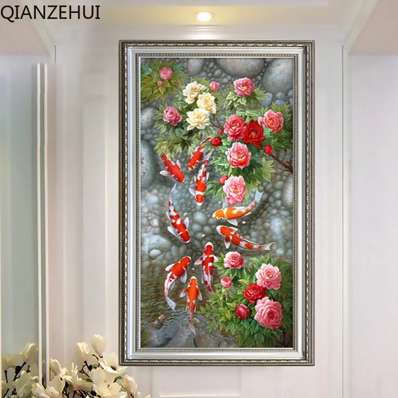 

DIY full Diamond Embroidery,Round Diamond Rose Nine Fish Living room decoration rhinestone beads Diamond painting