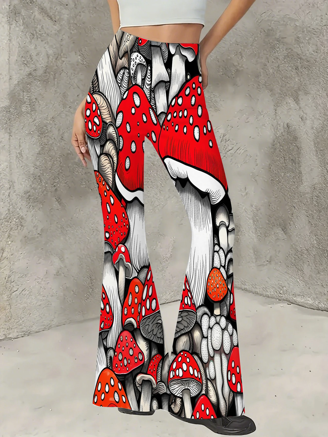 

Women's Flared Pants Vibrant Red Mushroom Print Trousers Stretchy Casual Slim Fit Bell Bottoms for Daily Vacation Streetwear