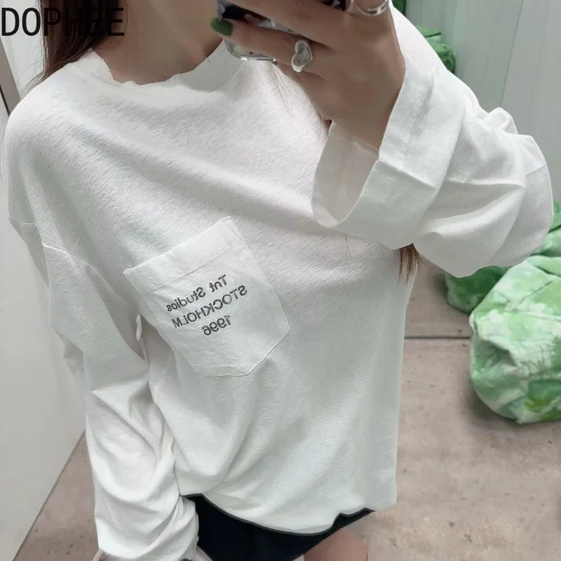 Fashion Ssspring Autumn Cotton-linen Long Sleeve T-shirt Oversize Round Neck Pullover Top 1996 Pockets Printed Couple's Tees