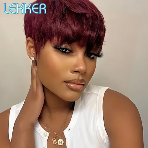 Imagen 1 del producto Lekker-pelucas de cabello humano 100% liso con corte Pixie corto de color con flequillo para mujer, cabello Remy brasileño, liquidación de color rojo burdeos