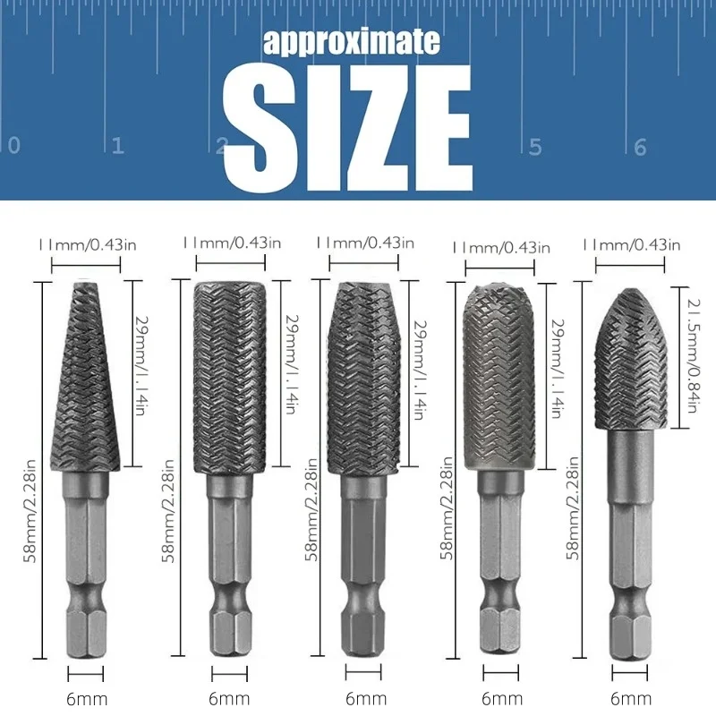 5pcs 6mm Hex Shank Rotary Steel File Set Metal Grinding Wood Stone Steel Carving Cutting Engraving Grinder Kit Attachment Tool