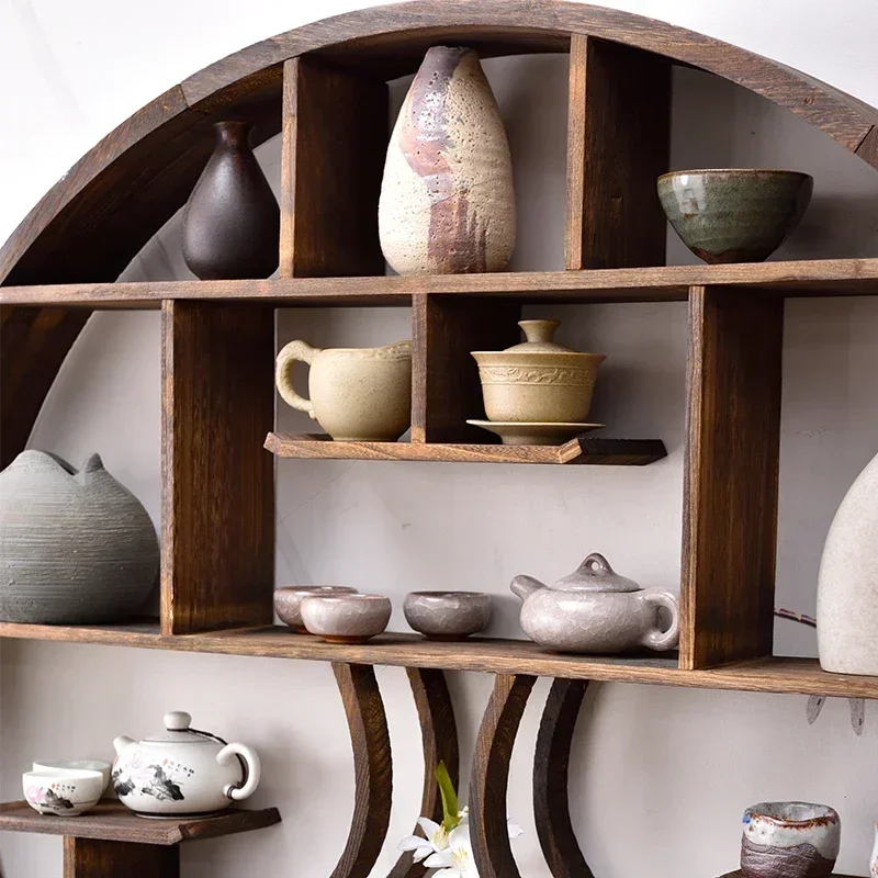 Solid Wood Wall Shelf, Traditional Bogu Tea Set Organizer, Hanging Closet Storage, Cultural Display Rack for Tea Room