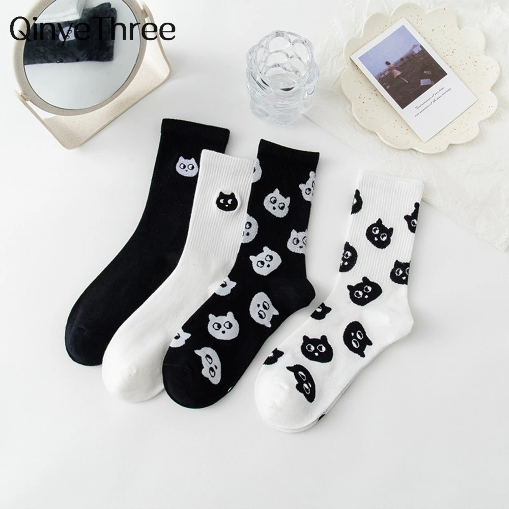 Chic New Women's Cute Cat Face Black White Socks Korean Harajuku Kawaii Kitten Hipster Casual Christmas Gift Dropship