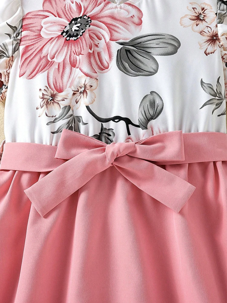 Girls Sweet Ruffle Neckline Flying Sleeves Floral Elegant Dress For Summer Going Out