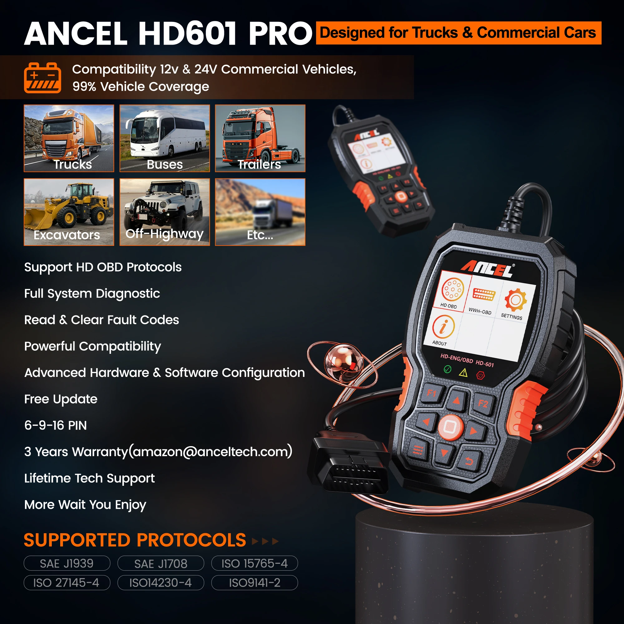 ANCEL HD601 Heavy Duty Truck Scanner Diagnostic Tool All System OBD2 Scanner Car Check Engine Code Reader with Reset DPF ABS