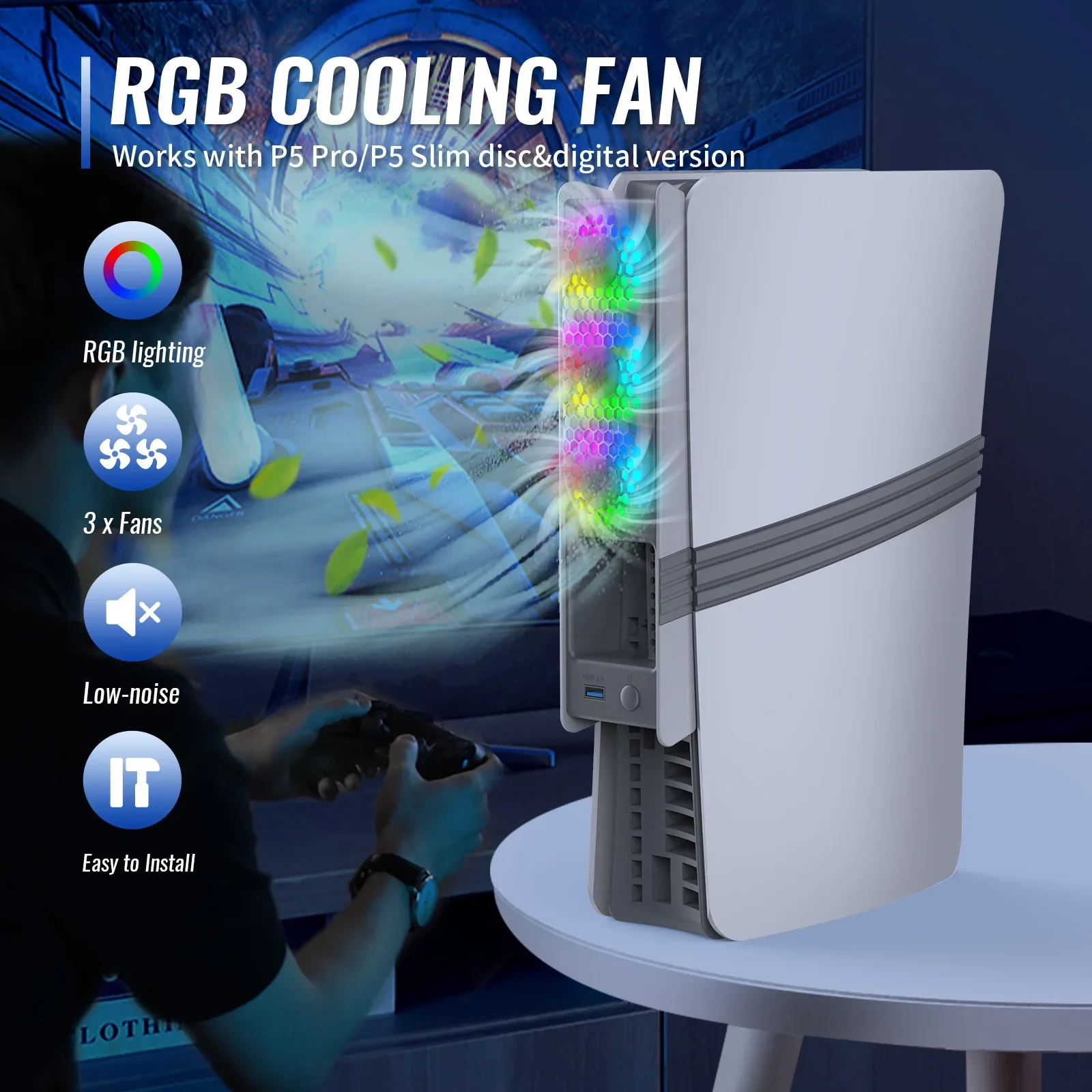 

JYS-P5228 For PS5 Pro/Slim Universal Cooling Fan Smart Temperature Control Rear Fan with RGB Lights